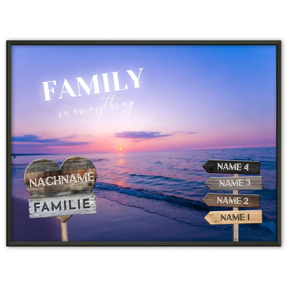 Familienposter personalisiert Wegweiser Sonnenuntergang Lila mit 9 Namen & Familienspruch
