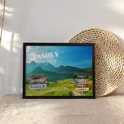 Familienposter personalisiert Wegweiser Alpen Weide mit 9 Namen & Familienspruch