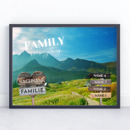 Familienposter personalisiert Wegweiser Alpen Weide mit 9 Namen & Familienspruch