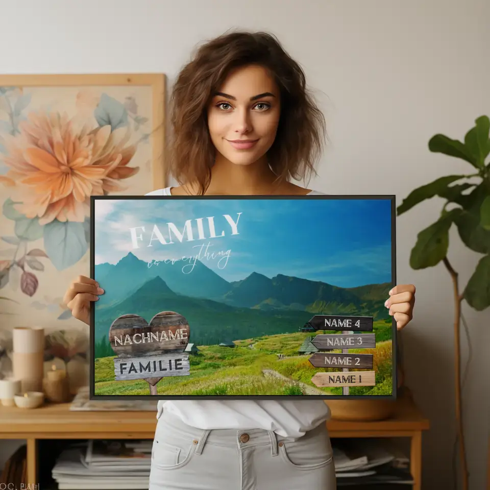 Familienposter personalisiert Wegweiser Alpen Weide mit 9 Namen & Familienspruch