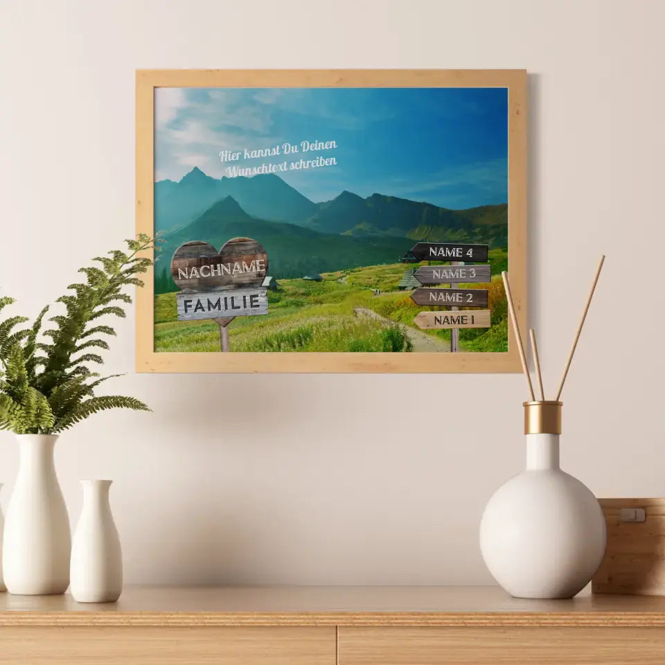 Familienposter personalisiert Wegweiser Alpen Weide & Wunschtext