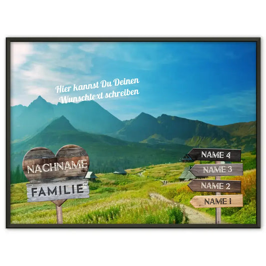 Familienposter personalisiert Wegweiser Alpen Weide & Wunschtext