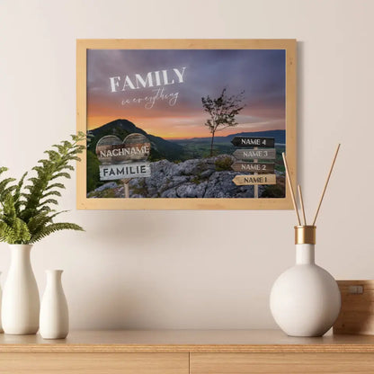 Familienposter personalisiert Wegweiser Berge Sunset mit 9 Namen & Familienspruch