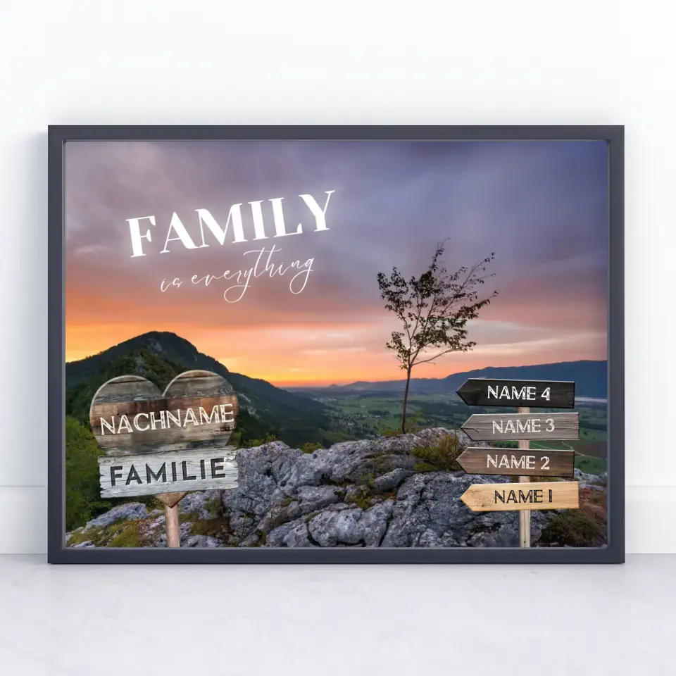Familienposter personalisiert Wegweiser Berge Sunset mit 9 Namen & Familienspruch