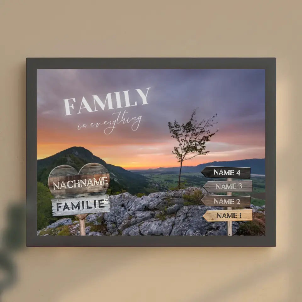 Familienposter personalisiert Wegweiser Berge Sunset mit 9 Namen & Familienspruch