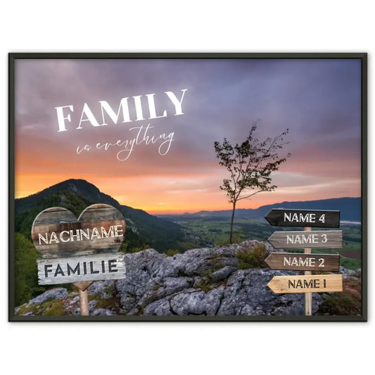 Familienposter personalisiert Wegweiser Berge Sunset mit 9 Namen & Familienspruch