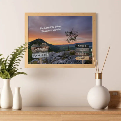 Familienposter personalisiert Wegweiser Berge Sunset & Wunschtext