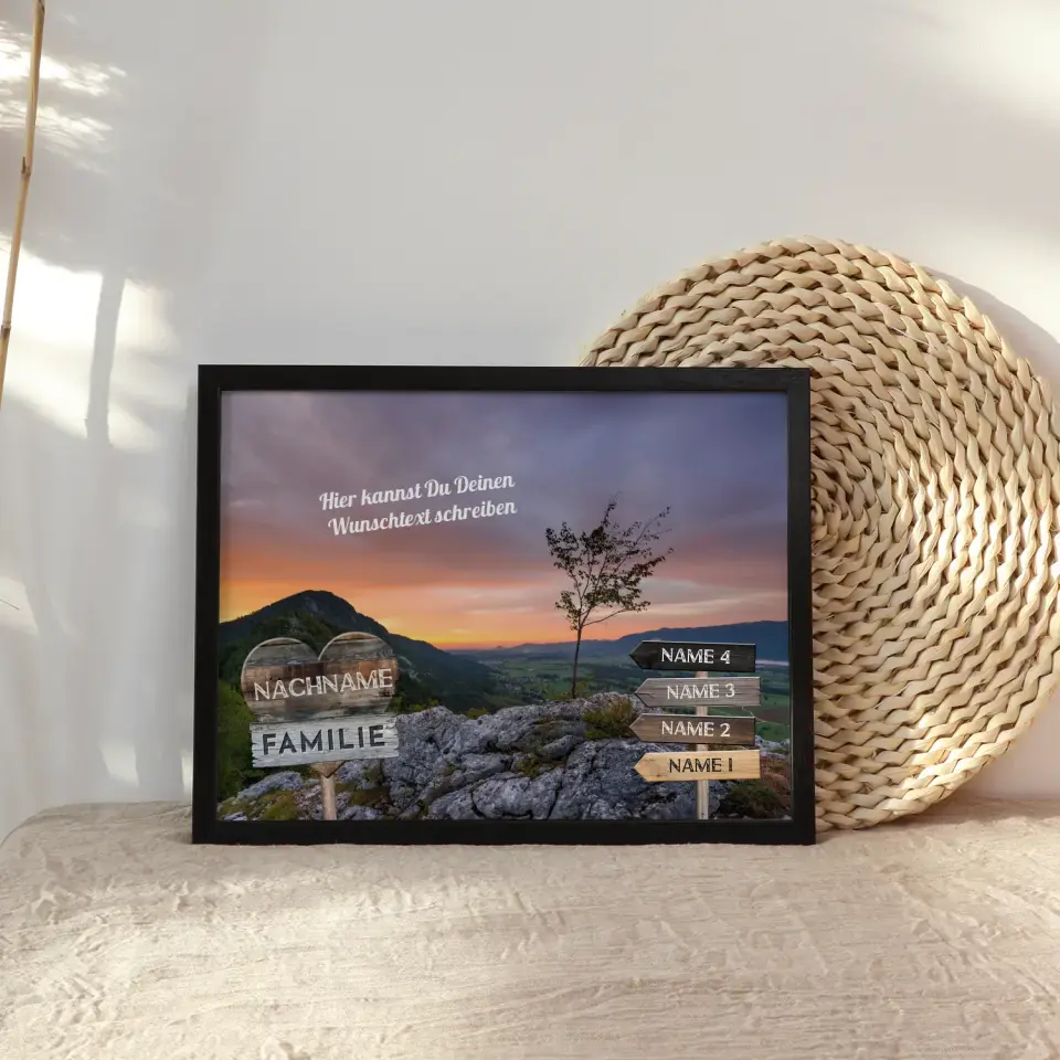 Familienposter personalisiert Wegweiser Berge Sunset & Wunschtext
