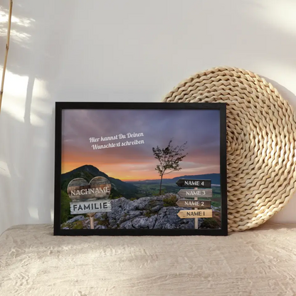 Familienposter personalisiert Wegweiser Berge Sunset & Wunschtext