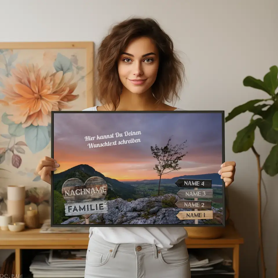 Familienposter personalisiert Wegweiser Berge Sunset & Wunschtext