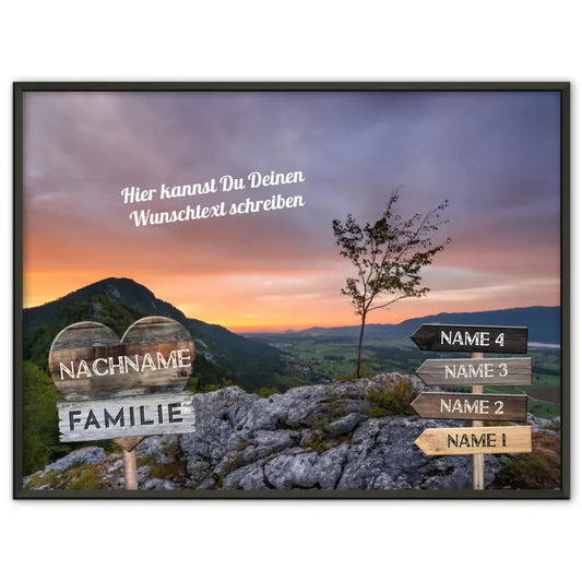 Familienposter personalisiert Wegweiser Berge Sunset & Wunschtext