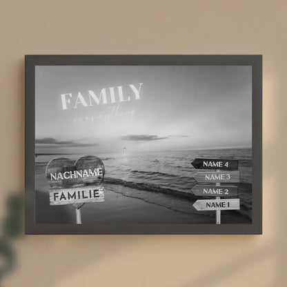 Personalisiertes Poster Familie Wegweiser Strand Sonnenuntergang Schwarz Weiß & Familienspruch