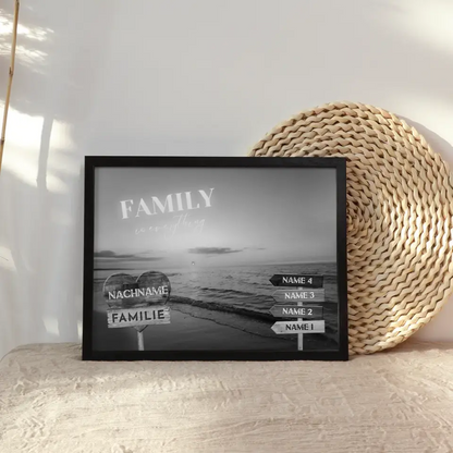 Personalisiertes Poster Familie Wegweiser Strand Sonnenuntergang Schwarz Weiß & Familienspruch
