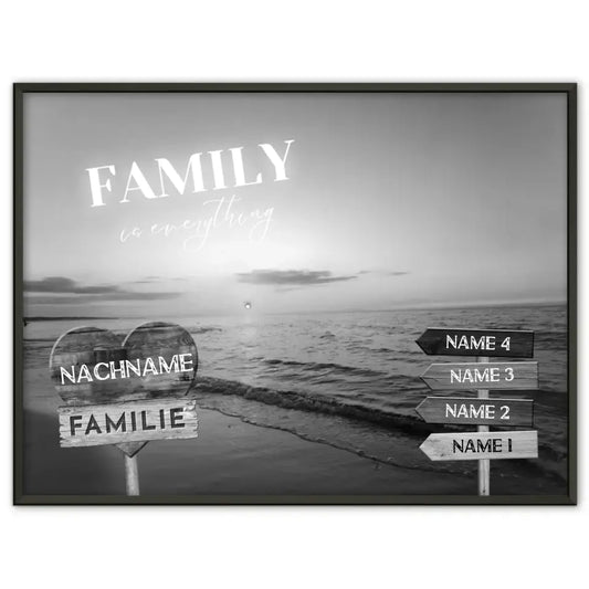 Personalisiertes Poster Familie Wegweiser Strand Sonnenuntergang Schwarz Weiß & Familienspruch