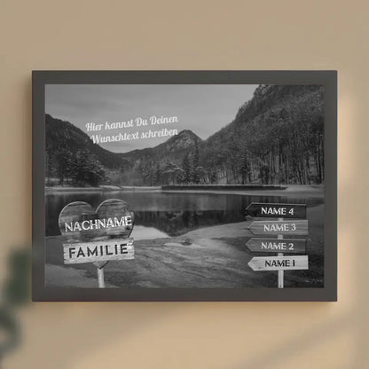 Personalisiertes Poster Familie Wegweiser Bergsee Schwarz Weiß & Wunschtext