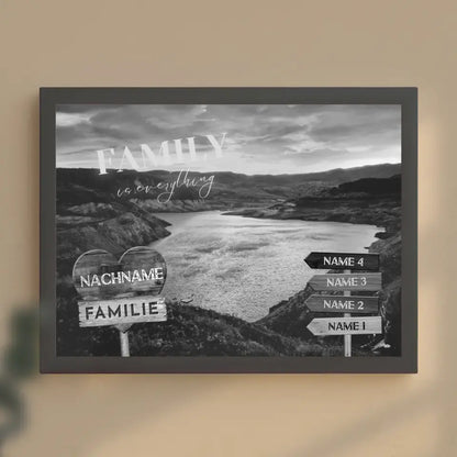 Personalisiertes Poster Familie Wegweiser See im Tal Schwarz Weiß & Familienspruch