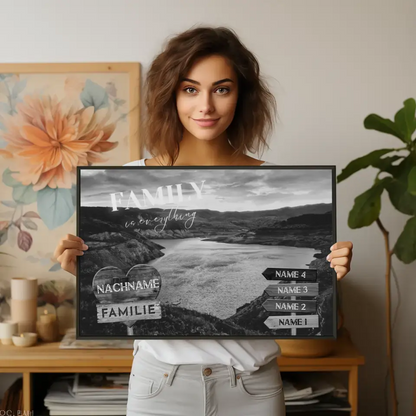 Personalisiertes Poster Familie Wegweiser See im Tal Schwarz Weiß & Familienspruch