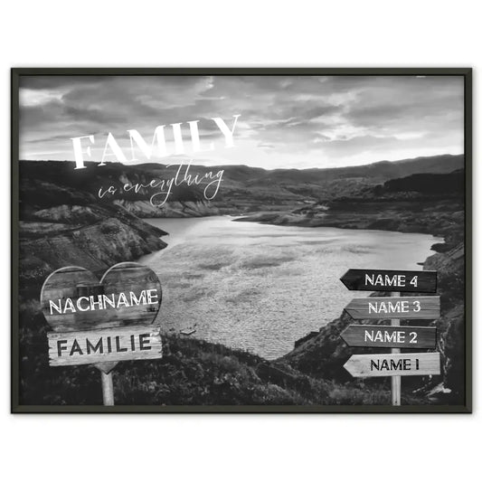 Personalisiertes Poster Familie Wegweiser See im Tal Schwarz Weiß & Familienspruch
