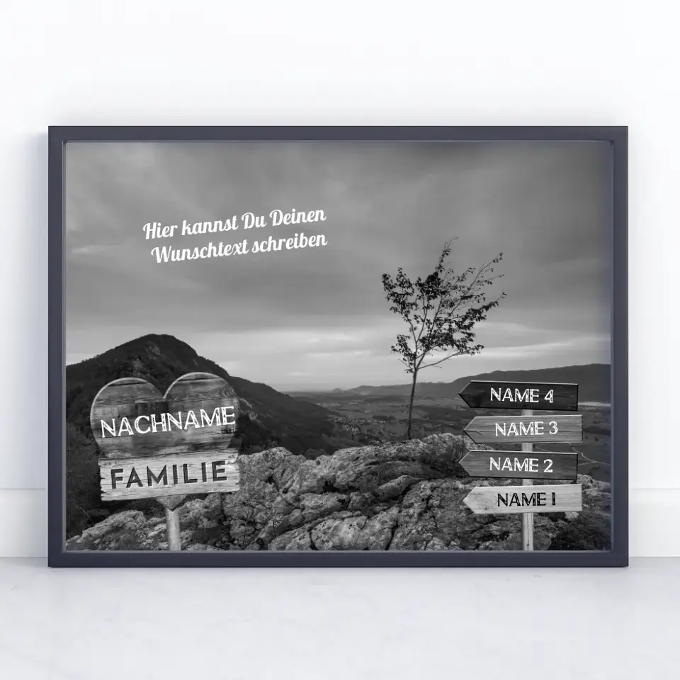 Personalisiertes Poster Familie Wegweiser Bergspitze Schwarz Weiß & Wunschtext