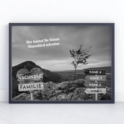 Personalisiertes Poster Familie Wegweiser Bergspitze Schwarz Weiß & Wunschtext