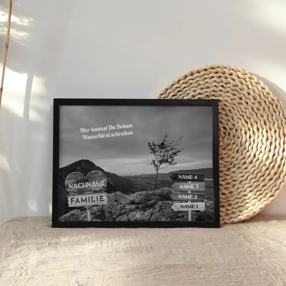 Personalisiertes Poster Familie Wegweiser Bergspitze Schwarz Weiß & Wunschtext