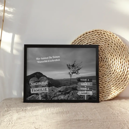 Personalisiertes Poster Familie Wegweiser Bergspitze Schwarz Weiß & Wunschtext