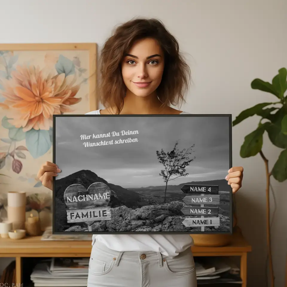 Personalisiertes Poster Familie Wegweiser Bergspitze Schwarz Weiß & Wunschtext
