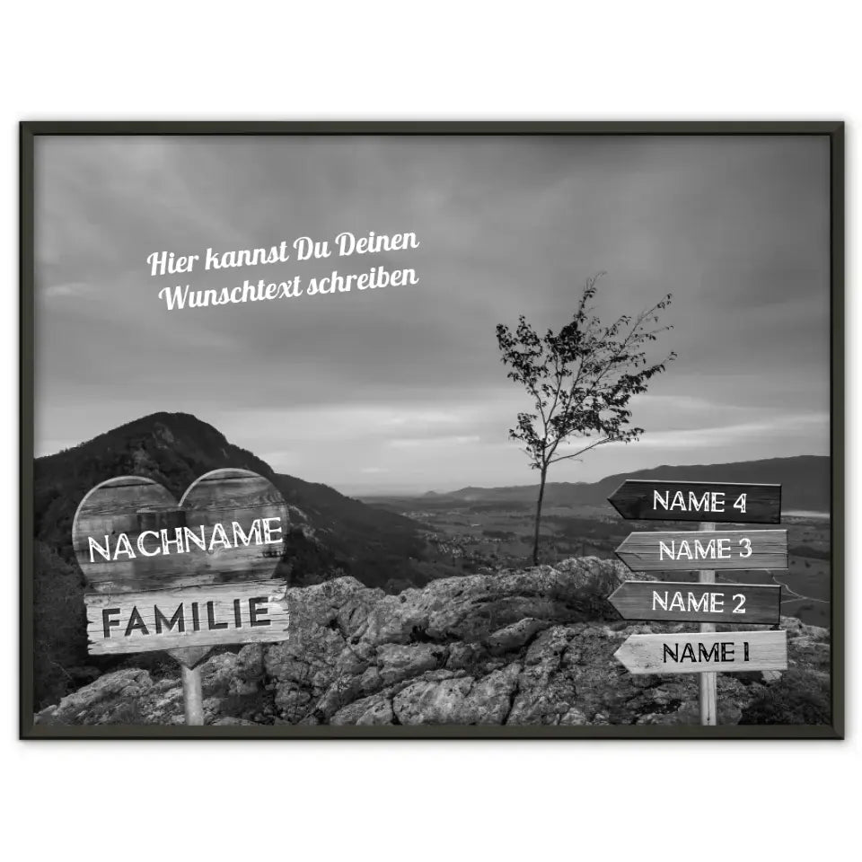 Personalisiertes Poster Familie Wegweiser Bergspitze Schwarz Weiß & Wunschtext
