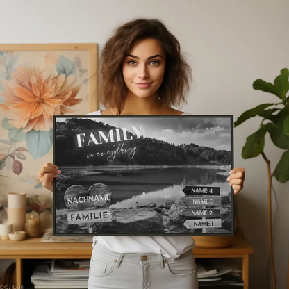 Personalisiertes Poster Familie Wegweiser Waldsee Schwarz Weiß & Wunschtext