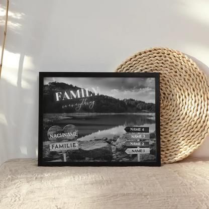 Personalisiertes Poster Familie Wegweiser Waldsee Schwarz Weiß & Wunschtext