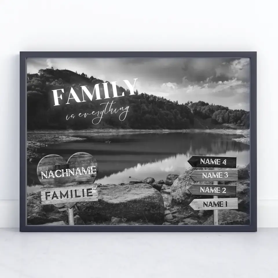 Personalisiertes Poster Familie Wegweiser Waldsee Schwarz Weiß & Wunschtext