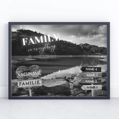 Personalisiertes Poster Familie Wegweiser Waldsee Schwarz Weiß & Wunschtext