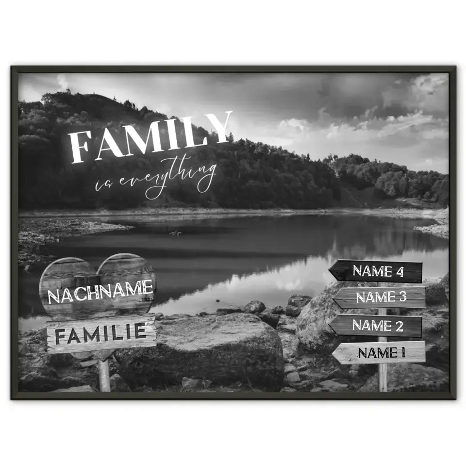 Personalisiertes Poster Familie Wegweiser Waldsee Schwarz Weiß & Wunschtext