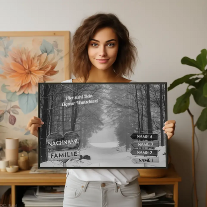 Personalisiertes Poster Familie Wegweiser Winter Allee Schwarz Weiß & Familienspruch