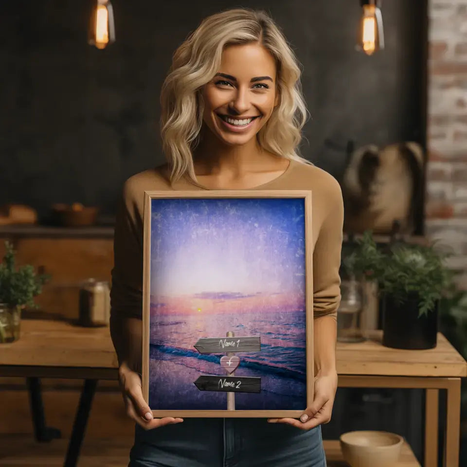 Personalisiertes Poster Liebe Wegweiser mit Herz Strand Mit Namen
