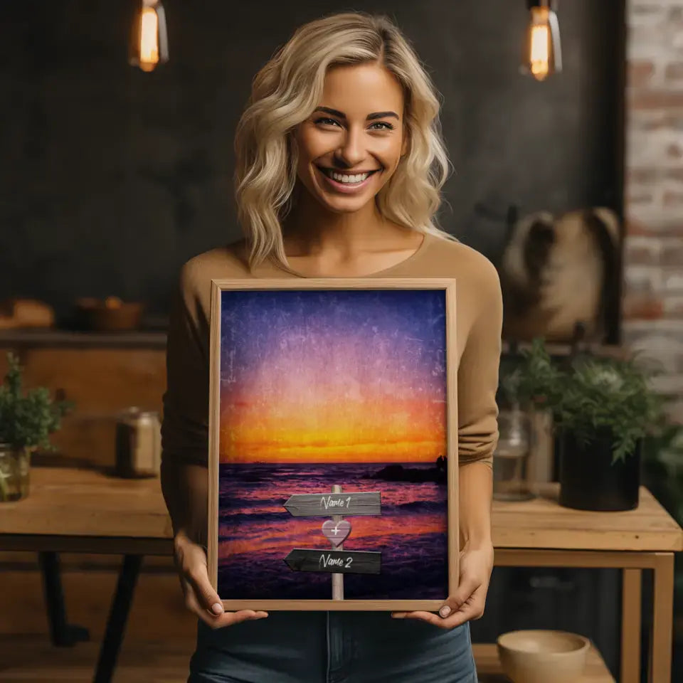 Personalisiertes Poster Liebe Wegweiser mit Herz Sonnenuntergang Mit Namen