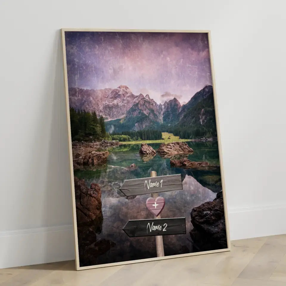 Personalisiertes Poster Liebe Wegweiser mit Herz Berge mit See Mit Namen