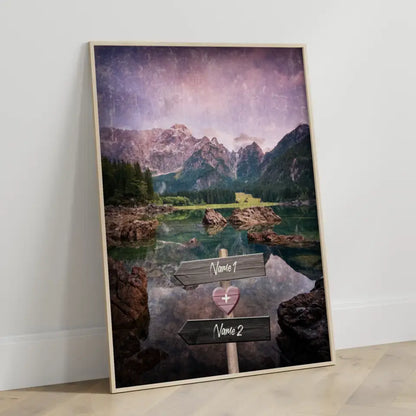 Personalisiertes Poster Liebe Wegweiser mit Herz Berge mit See Mit Namen