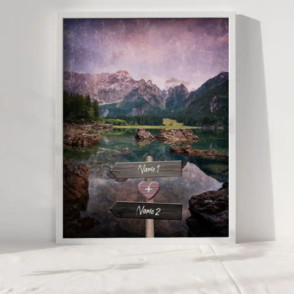 Personalisiertes Poster Liebe Wegweiser mit Herz Berge mit See Mit Namen
