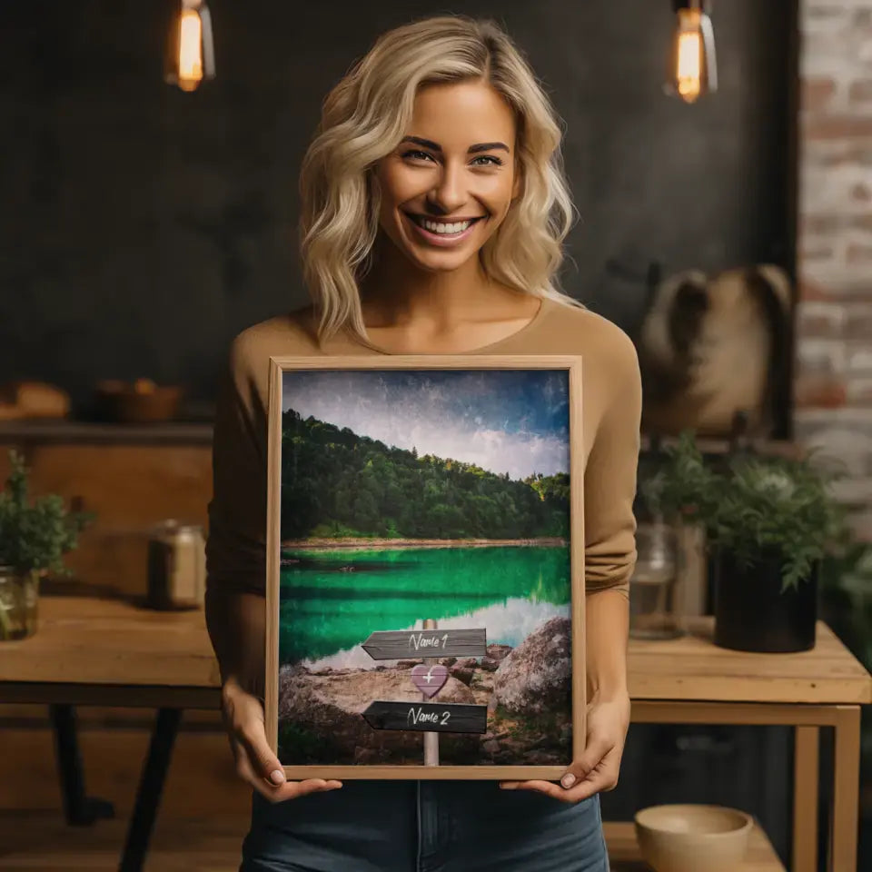 Personalisiertes Poster Liebe Wegweiser mit Herz Grüner See Mit Namen