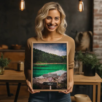 Personalisiertes Poster Liebe Wegweiser mit Herz Grüner See Mit Namen