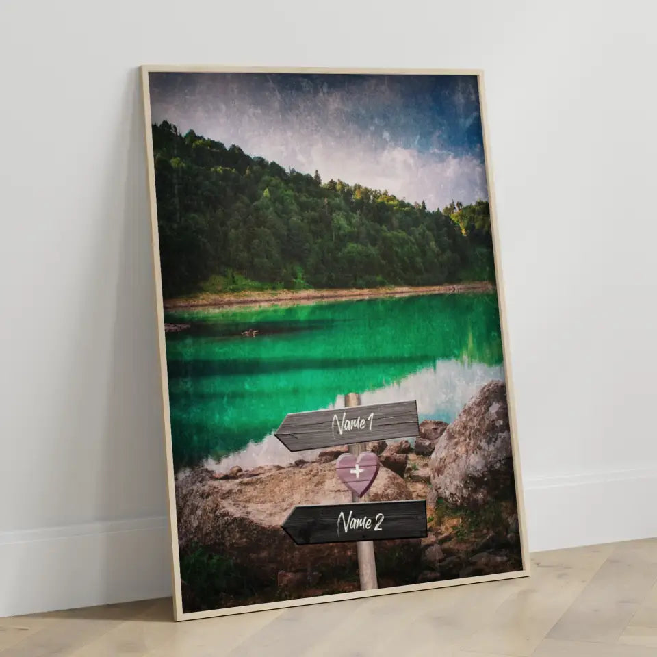 Personalisiertes Poster Liebe Wegweiser mit Herz Grüner See Mit Namen
