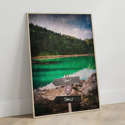 Personalisiertes Poster Liebe Wegweiser mit Herz Grüner See Mit Namen