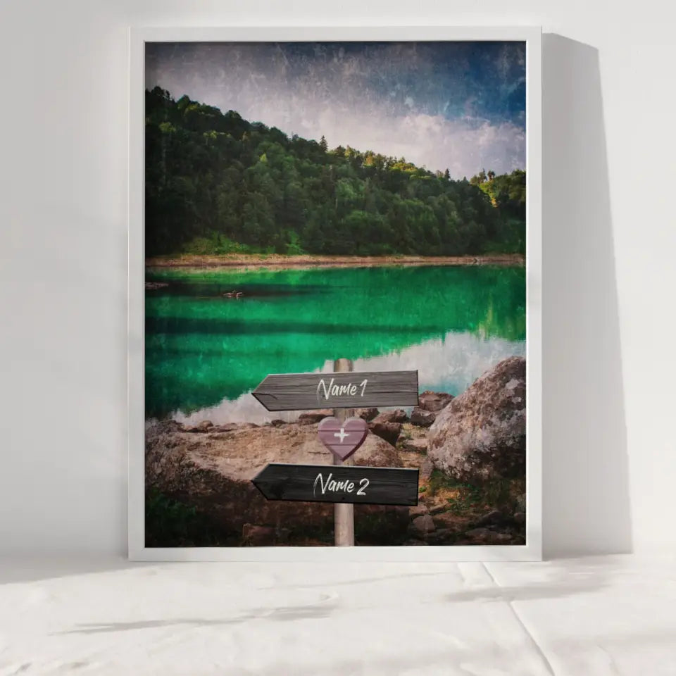 Personalisiertes Poster Liebe Wegweiser mit Herz Grüner See Mit Namen