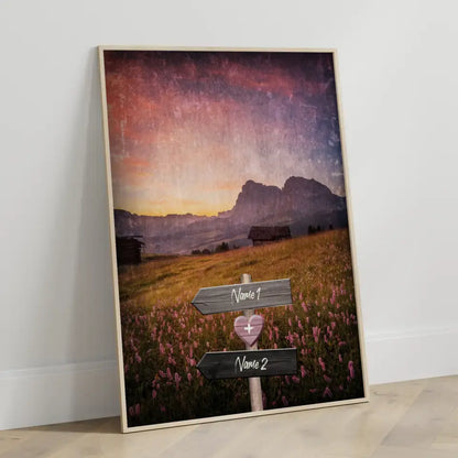 Personalisiertes Poster Liebe Wegweiser mit Herz Alpen Sonnenuntergang Mit Namen