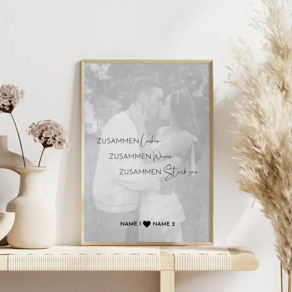 Personalisiertes Fotoposter Zusammen lachen White Mit Datum Foto Namen