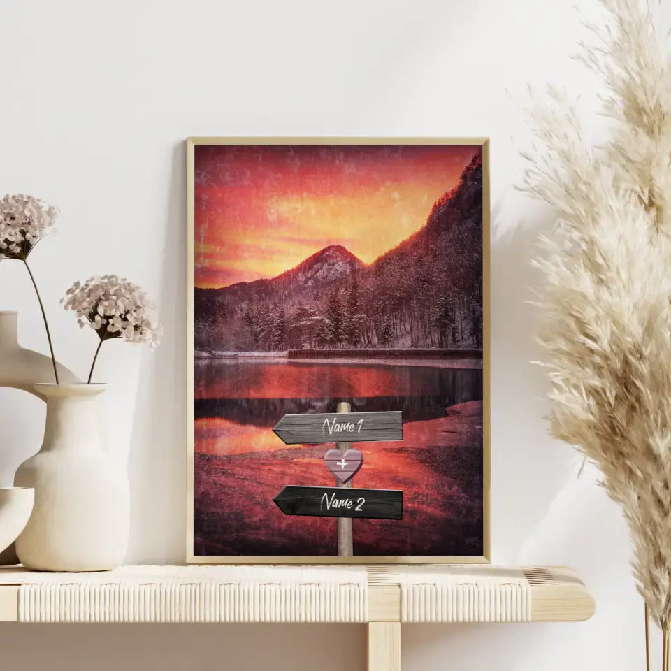 Personalisiertes Poster Liebe Wegweiser mit Herz Bergsee Mit Namen