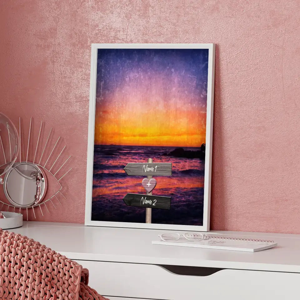 Personalisiertes Poster Liebe Wegweiser mit Herz Sonnenuntergang Mit Namen