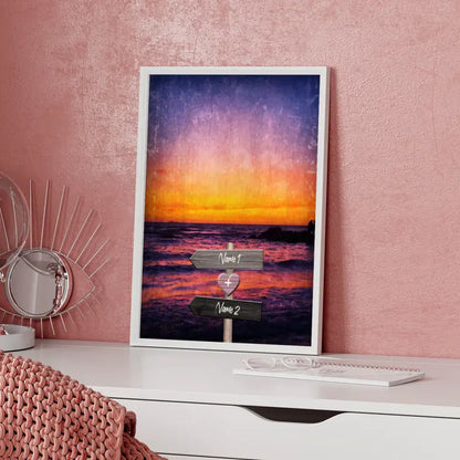 Personalisiertes Poster Liebe Wegweiser mit Herz Sonnenuntergang Mit Namen