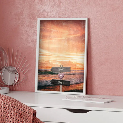 Personalisiertes Poster Liebe Wegweiser mit Herz Stand Sunset Mit Namen